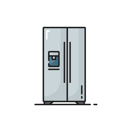 Refrigerator with side-by-side double door system isolated gray color line icon. Vector fridge showcase with two doors, industrial fridge. Household appliance freezer, kitchen home household equipmentのイラスト素材