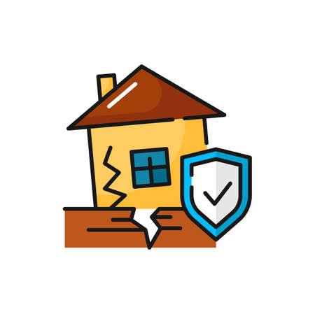 Insurance on house being damaged by earthquake isolated color outline icon. Natural disaster insurance scene, vector home foundation failureのイラスト素材