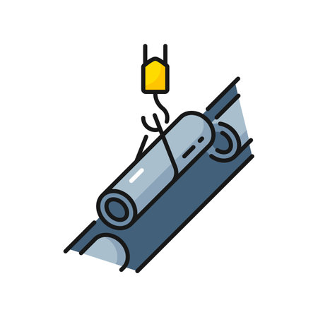 Metal pipe on tap isolated pipeline construction color outline icon. Vector lifting hook moving loads with iron pipe, oil and gas industry equipmentのイラスト素材