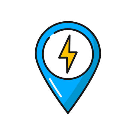 Pinpoint, map point with bolt power sign isolated color line icon. Vector place on map, location where you can charge electric car, charging stationのイラスト素材