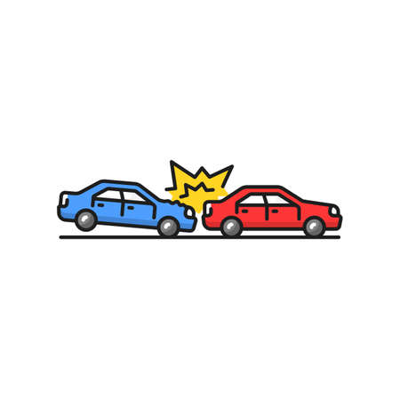 Hitting vehicle from behind vector accident in congested traffic, isolated color line icon. Rear-end collision, two damaged or crashed carsのイラスト素材