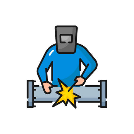 Welding industry worker welds pipe or pipeline isolated color outline icon. Vector manufacturing worker, gas and oil industry welder with welding equipmentのイラスト素材