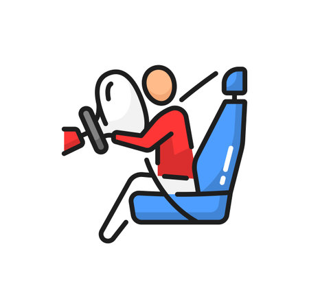 Car airbag sign isolated color line icon. Vector vehicle crash with passenger on seat with life belt, safety drive and transportation symbolのイラスト素材