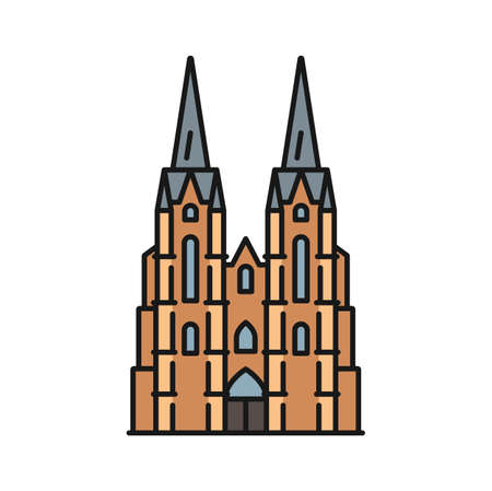 German cathedral isolated color outline icon. Vector vintage cathedral, monument of German Catholicism and Gothic architecture, religion buildingのイラスト素材