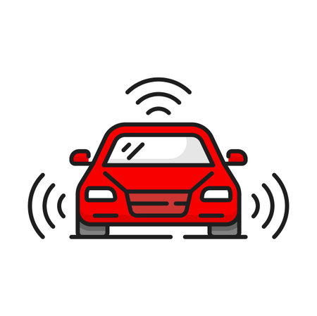 Driverless autonomous car, self driving vehicle isolated color outline icon. Vector auto traffic monitoring system, self driving vehicle with sensing radarのイラスト素材