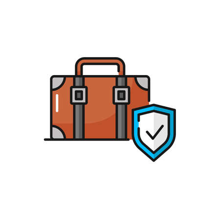 Luggage insurance isolated color outline icon. Vector suitcase sign, baggage protection security shield. Travel luggage stay safe, travel safetyのイラスト素材
