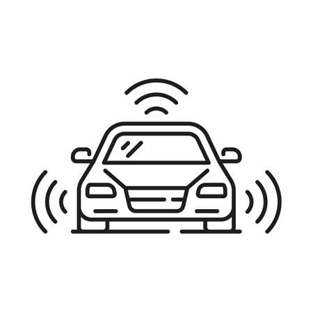 Driverless car or self driving vehicle icon with smart sensors, vector future technology. Self driving car or autonomous vehicle with automatic transport system of road radars and camerasのイラスト素材