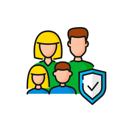 Family wellness, medical and healthcare insurance isolated color outline parents, kids and protective shield. Family members security and assuranceのイラスト素材