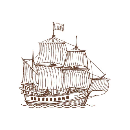 Brigantine vintage sailing ship boat with canvas isolated sketch icon. Boat vintage icon, seafarer vessel on sea or ocean waves. Pirate sailboat with canvasのイラスト素材