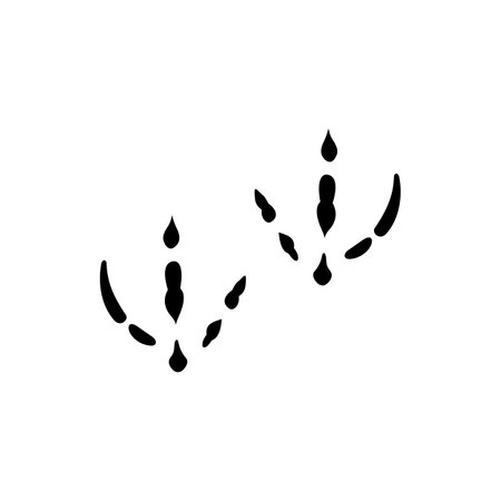 Crow or raven feathered animal footprints isolated black silhouette icon. Vector sparrow bird foot marks, dirty steps on ground, flat design. Crane, turkey or chicken steps, footprint traces of birdのイラスト素材