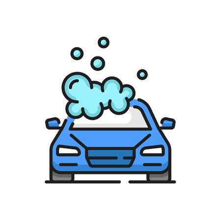 Car wash icon, auto clean service and care vector pictogram of soap and water bubbles. Car hand wash service or automatic cleaner and waxing polish or washer station, line signのイラスト素材