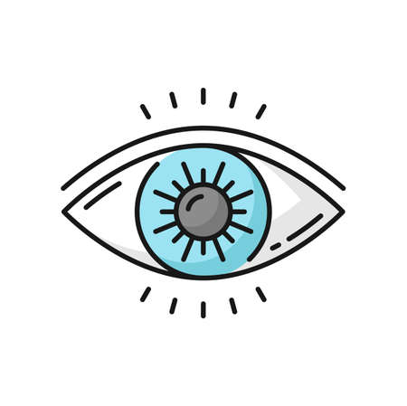 Eye icon, ophthalmology, optometry and laser surgery vector line symbol. Healthy eye vision and eye sight correction with lasik surgery, ophthalmologist medicine and optical glasses linear pictogramのイラスト素材