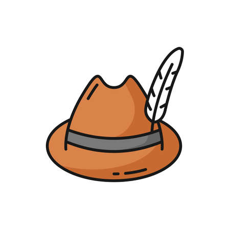 Retro hat with feathers, cap color outline icon. Vector retro headwear, head accessory. Alpine cap, beerfest and Munich carnival capのイラスト素材