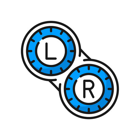 Contact lens container case icon, eye ophthalmology, optometry and laser surgery vector line symbol. Contact lenses package case with L and R symbols, optical lenses instruction linear pictogramのイラスト素材