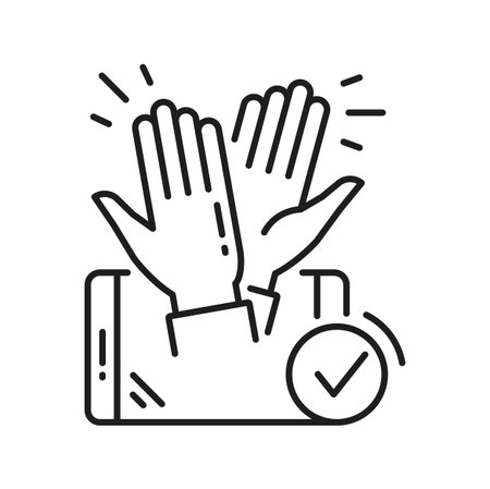 Referrals, people give high five from smartphone, deal is done outline icon. Vector partners celebrate partnership in affiliate programのイラスト素材