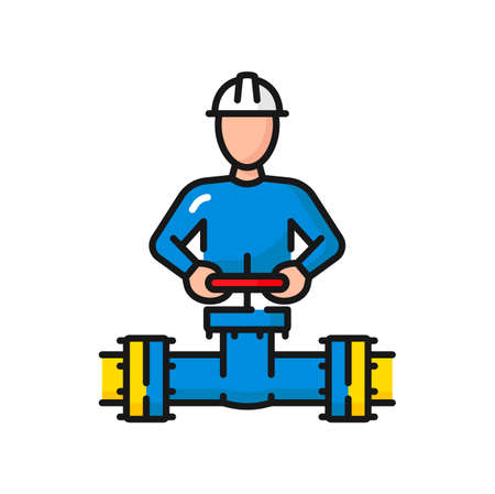 Pipeline and plumber engineer fixing gauge valve isolated color outline icon. Vector industrial faucet for water, oil or gas pipeline, pipes sewageのイラスト素材