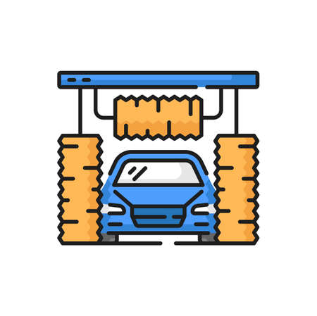 Car wash, automatic carwash service and vehicle clean care, vector icon or pictogram. Car care icon of automatic auto washing station with brushes, vehicles cleaning garage isolated line symbolのイラスト素材