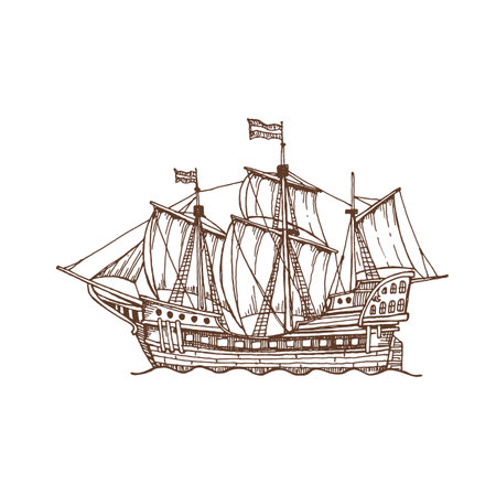 Retro sailing boat with canvas isolated old vessel sailboat icon. Vector caravel galleon marine frigate vessel. retro transportation sailboatのイラスト素材