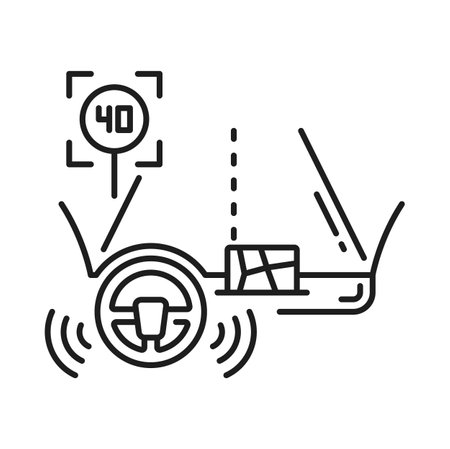 Driverless car, self driving autonomous vehicle icon of vector dashboard with smart technology. Self driving car or automatic vehicle with driving or navigation sensors and traffic intelligent systemのイラスト素材