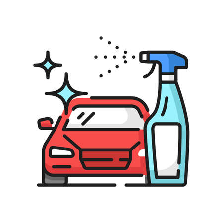 Car care, cleaning and wash service icon, clean glass polish, line vector of carwash spray. Car care or hand wash service with wax varnish for clean detailing, linear pictogram of sprayerのイラスト素材