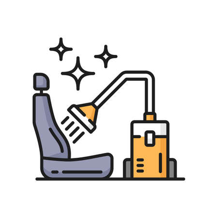 Car care icon, car wash and clean service, auto cleaner vector pictogram. Car care icon of vacuum cleaner and seat, car chair upholstery cleaning service, automotive washer station or hand washingのイラスト素材