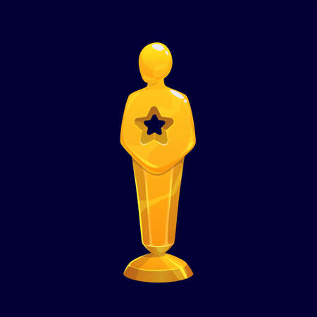 Gold award in shape of male statue with star on body isolated cartoon trophy. Vector golden celebrity lady statuette, ceremony prize sculpture for winner in sport competition. Victory Hollywood rewardのイラスト素材