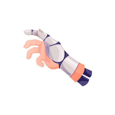 Human hand with fingers robotic prosthesis disabled limb isolated cartoon icon. Vector robot body part, cyborg palm, robotized hand. Robot artificial hand with metal finger, innovation medicineのイラスト素材