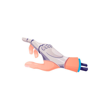 Robotic artificial hand with metal pointing finger isolated innovation medicine prosthesis. Vector handicapped invalidity arm, disabled man artificial human hand. Robot body part, cyborg palm limbのイラスト素材