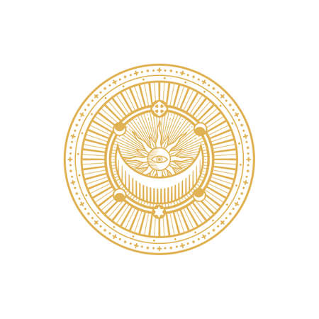 Alchemy magic symbol, geometry tarot sacred mystic occult ancient talisman isolated. Vector moon and star, esoteric symbol with mason sign, freemason mystic circle. Spiritual mandala, moroccan amuletのイラスト素材