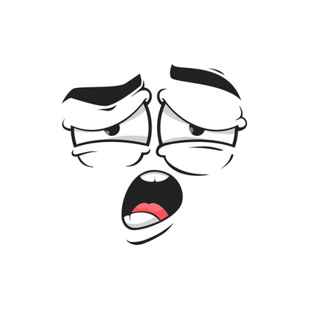 Cartoon yawning face vector tired emoji with open mouth and exhausted eyes. Funny facial expression, feelings, yawn character emotion isolated on white backgroundのイラスト素材