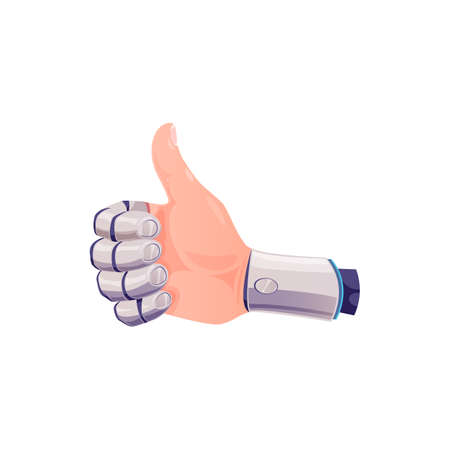 Robot hand or cyborg mechanical arm with thumb up gesture, vector. Android robot hand with finger thumb up, artificial intelligence and robotic bionic cyber technologyのイラスト素材