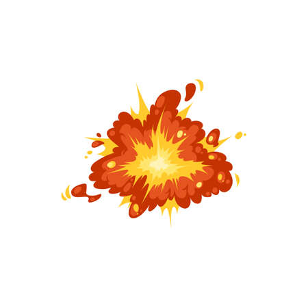 Boom bang effect from bomb blast and fire explosion isolated exploding fire flat cartoon icon. Vector nuclear bomb burst, dynamite demolition, fireball of radiation. Orange flame, energy weaponのイラスト素材