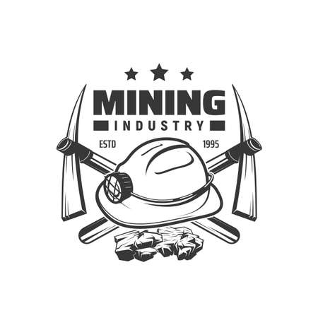 Coal mining industry icon. Fossil fuel mining vector vintage sign or coal industrial production retro symbol. Mining industry monochrome icon with miner hardhat, crossed pickaxes and chunks of coalのイラスト素材