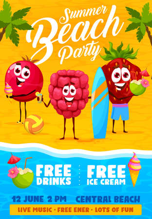 summer beach party flyer. Cartoon berry characters on tropical resort. Vector flyer with funny cranberry, raspberry and strawberry personages with cocktail, surf board and ball at seasideのイラスト素材