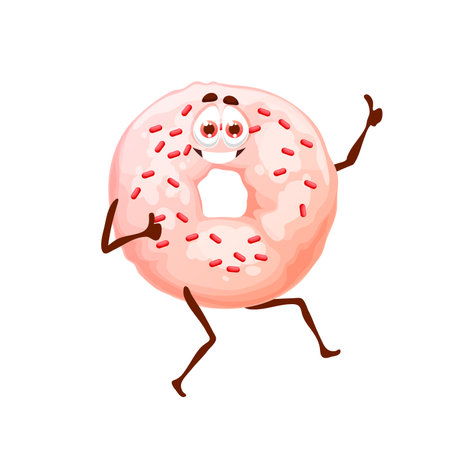 Cartoon funny donut dessert character. Funny vector dessert with glaze and sprinkles. Bakery character with smiling face show thumb up. Donut kawaii confectionery sweets characterのイラスト素材