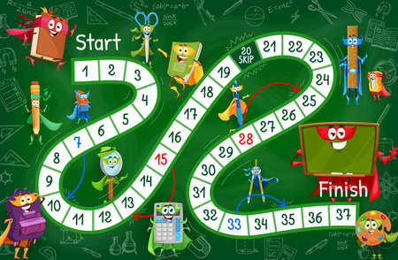 Kids board game. Cartoon school education superhero characters. Children boardgame or vector dice playing activity worksheet with book, eraser, scissors and copybook, backpack, compass cute personagesのイラスト素材