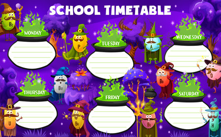 education timetable. Cartoon vitamin wizard and mage characters. Education weekly timetable or...