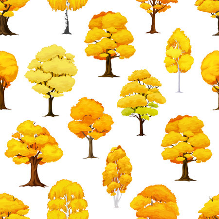 Cartoon autumn tree seamless pattern. October defoliation background, autumn seamless pattern with oak, birch and maple, ash trees. Forest trees with autumn yellow leaves wallpaper, fabric printのイラスト素材