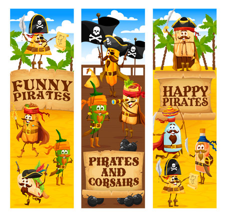Cartoon mexican food pirate and corsair characters. Tacos, nachos and burrito, jalapeno pepper, tequila bottle and churros filibuster pirate personages with treasure map, vector bannersのイラスト素材