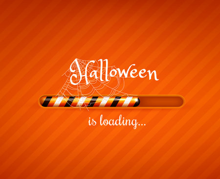 Halloween loading bar, horror holiday party load countdown, vector orange background. Halloween night celebration greeting card with loading bar and spider web or cobweb, web page load progressのイラスト素材