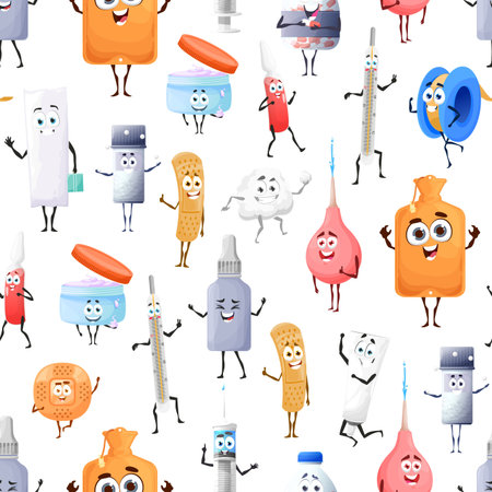 Cartoon pills, drugs and medication characters, vector seamless pattern background. Kids funny medical thermometer with syringe, enema and plaster patch with ointment, medicine patternのイラスト素材