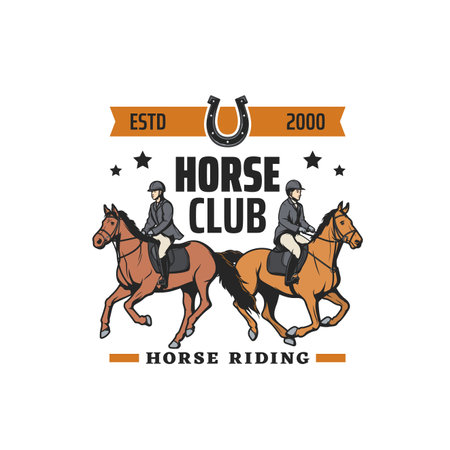 Horse riding and equestrian sport vector icon. Horse club jockeys, polo game plyers or horseback riders with racehorses, horseshoe, helmets, equine saddle and harness isolated symbol or emblem designのイラスト素材
