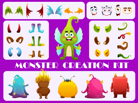 Monster creation kit. cartoon monster character constructor. Vector construction set of fantasy elf or goblin character. Funny creature face, tail, horn, ear, wings, legs and bodies of cute alienのイラスト素材