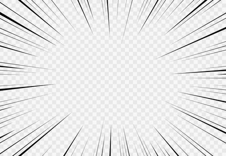 Manga transparent background. Comic explosion, motion speed vector radial lines of action effect. Anime comics book abstract frame with black pattern of superhero action lines, explosion or burst raysのイラスト素材