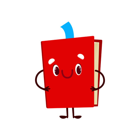 Cute cartoon book character in red cover stand with arms akimbo. Isolated vector textbook, school notebook or bestseller with bookmark and smiling face. Kids library character, fairytaleのイラスト素材