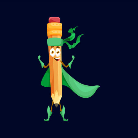 Cartoon funny pencil superhero character. Isolated vector school or office stationery character showing muscles. Wooden tool for writing, strong smiling superhero wear green cape and maskのイラスト素材
