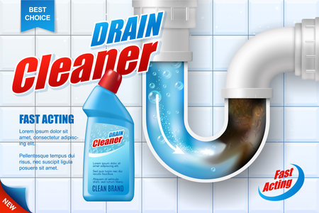 Pipe drain cleaner vector poster. Detergent bottle near clogged basin siphon on bathroom tiles background. Realistic 3d cleanser package promo mockup for pipe drain cleaner advertising designのイラスト素材