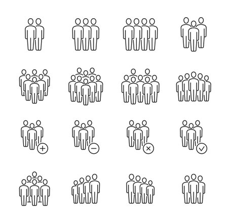 Business team, community, society, people group icons, vector silhouette symbols. Work team persons or office workers staff, social communication check, add and delete signs for organization membersのイラスト素材