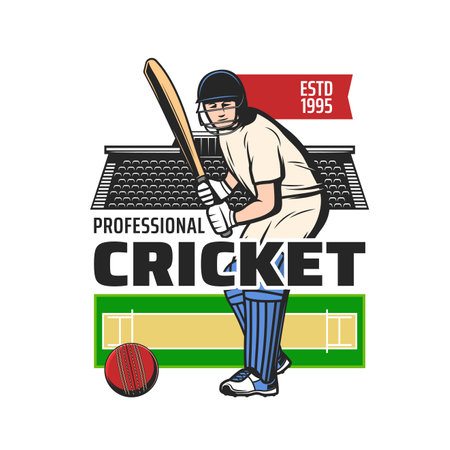 Cricket sport vector icon with batsman player, bat and ball, safety helmet, gloves and leg pads, pitch play field and sporting stadium grandstand seats. Cricket championship match or sport clubのイラスト素材