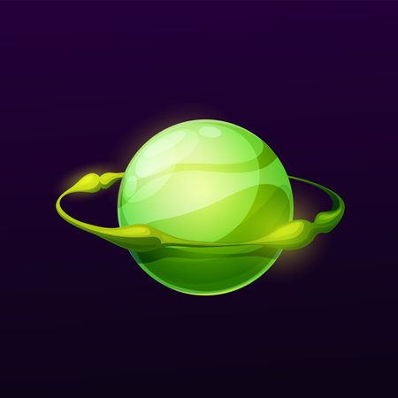 Green space planet with sparkly ring. Alien galaxy fantastic planet game UI vector icon, astronomy science exoplanet or cosmos world. Comical cartoon planet with glossy green surface and orbit ringのイラスト素材